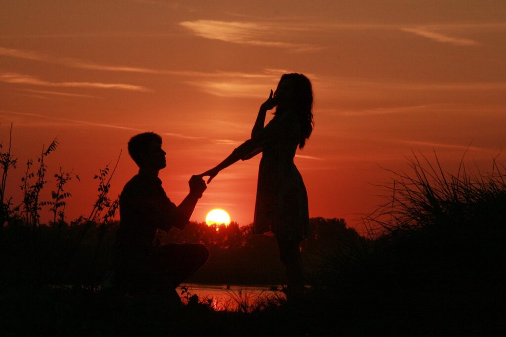 couple, love, sunset, marriage proposal, water, nature, sun, the shadow, romance, in the evening